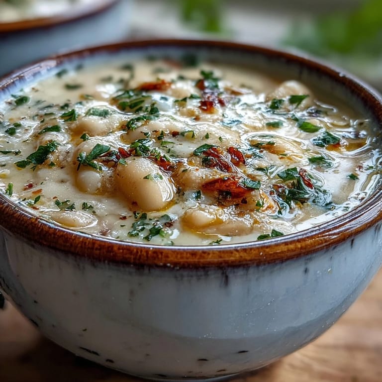 A pot of simmering White Bean and Parmesan Soup with aromatic vegetables, ready for blending into a silky texture.