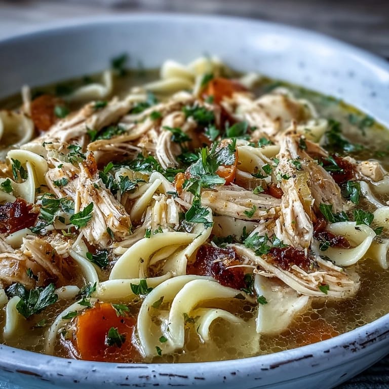 Comforting bowl of Chicken and Noodle Soup topped with fresh parsley, ready to serve alongside a warm dinner roll or crusty bread.