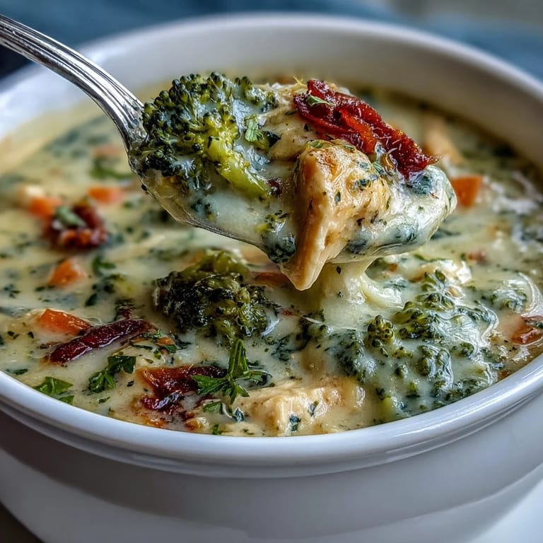 Steamy bowl of Best Chicken Broccoli Cheddar Soup featuring tender chicken, broccoli florets, and melted sharp cheddar, ready to enjoy.