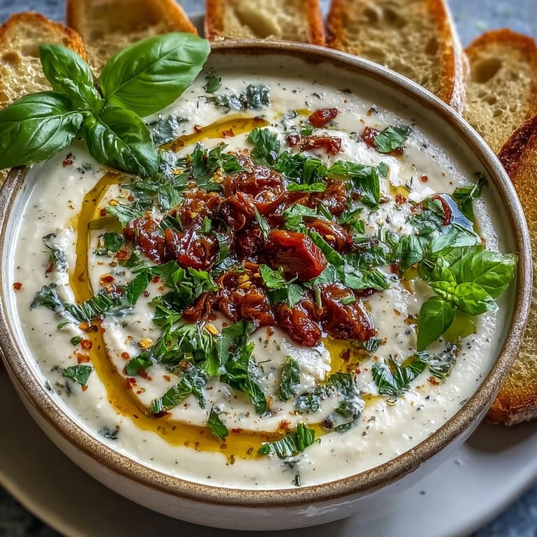 Smooth White Bean Soup with Tomato served in a rustic bowl, garnished with basil leaves and a spoon.