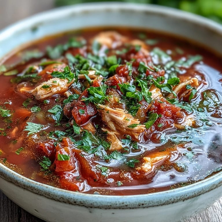 Quick Italian-inspired Tuna and Tomato Soup garnished with fresh basil, ready to serve with olive oil drizzle.