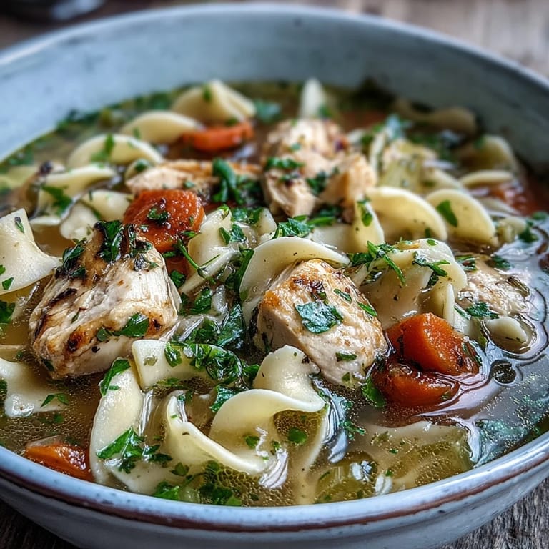 A comforting bowl of Chicken Noodle Soup topped with fresh parsley, egg noodles, and diced chicken for chilly days.