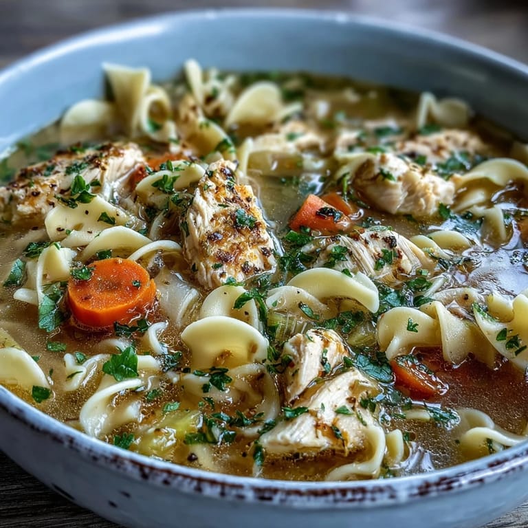 Homemade Chicken Noodle Soup in a rustic mug, steam rising with sliced carrots, celery, and hearty chicken.