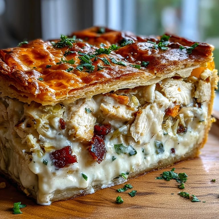 Fresh thyme sprigs garnish the bubbly Chicken and Leek Pie, revealing creamy chicken and leeks inside the buttery crust.