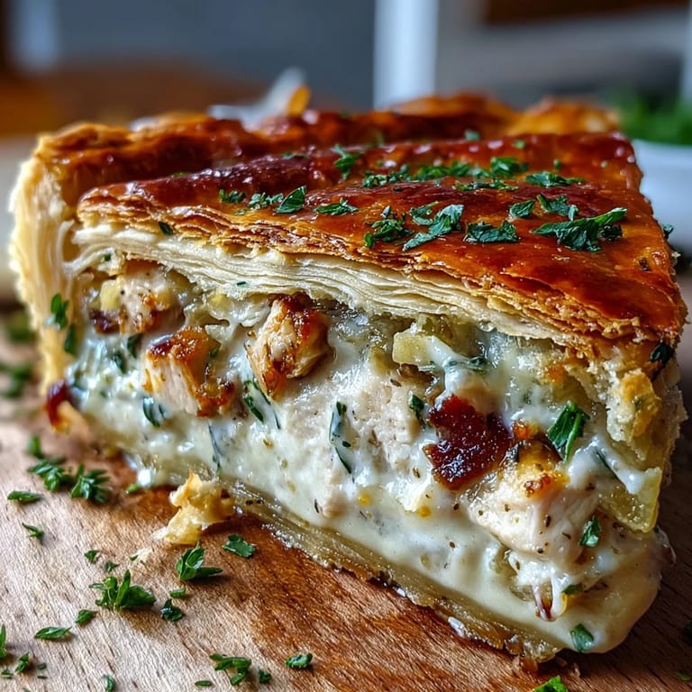Served alongside a green salad, the hearty Chicken and Leek Pie boasts a rich, golden puff pastry topping.