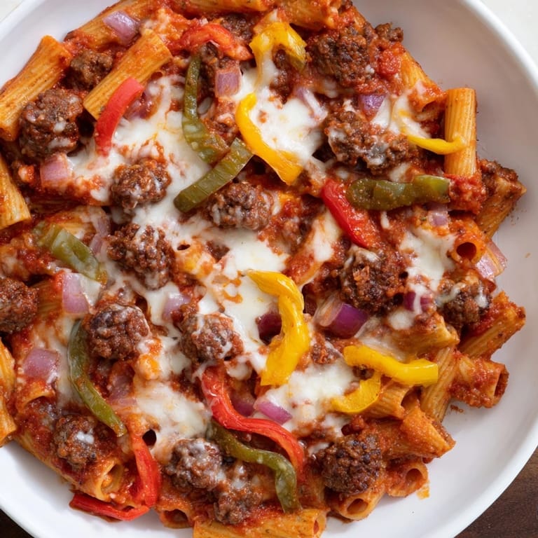 Golden, cheesy Baked Rigatoni with Sausage & Peppers offers a comforting Italian-American meal.