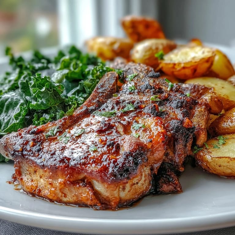 Tender, smoky marinated pork chops roasted with lacinato kale and baby potatoes, creating a vibrant Mediterranean-inspired dinner.