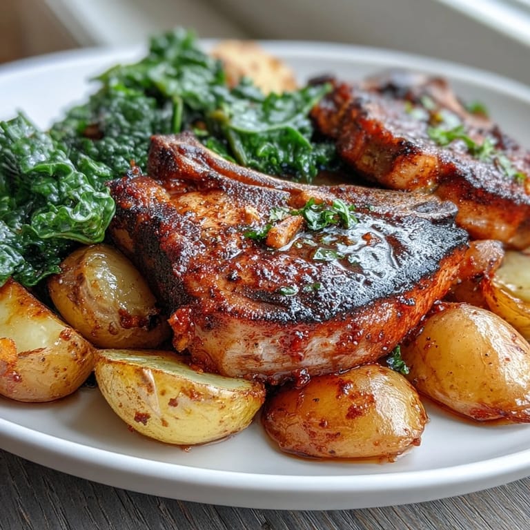 Juicy Aleppo-spiced pork chops on a baking sheet with golden potatoes and fresh kale, perfect for family-style eating.