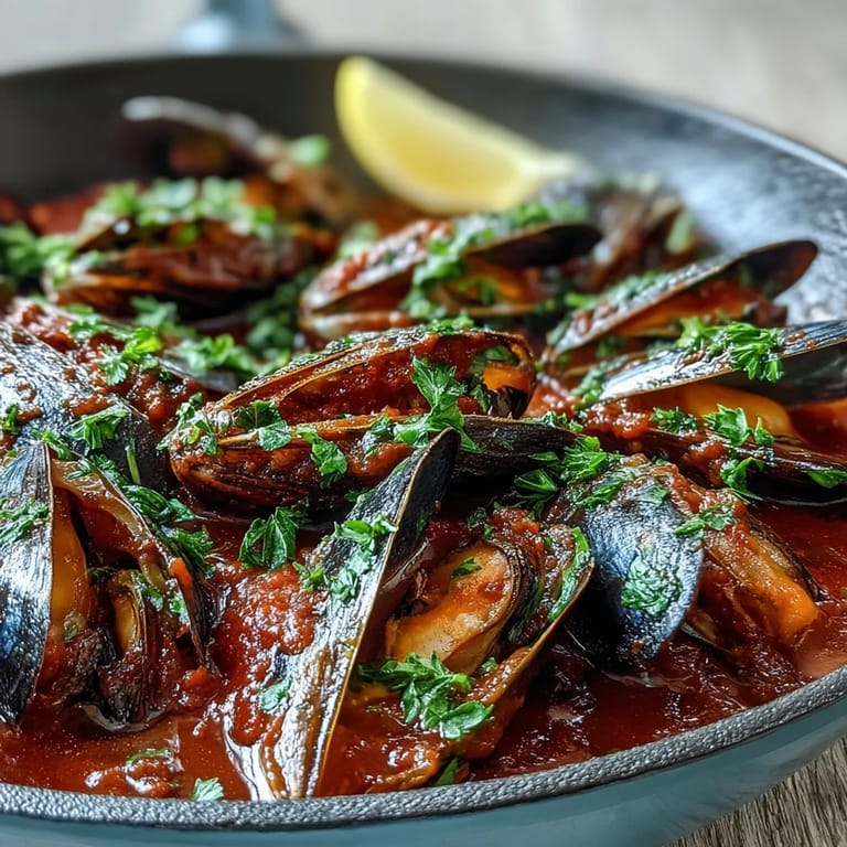 Pan-seared Smoky Mussels Pomodoro with smoked paprika and garlicky tomato sauce, ready to enjoy hot.