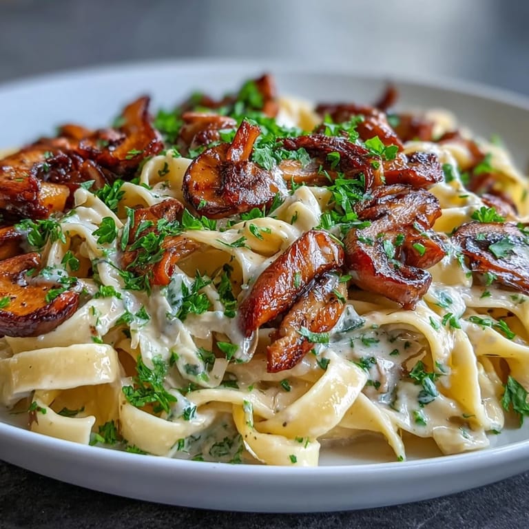 Serving Creamy Mushroom Stroganoff straight from the skillet, showcasing a creamy, umami-packed sauce.
