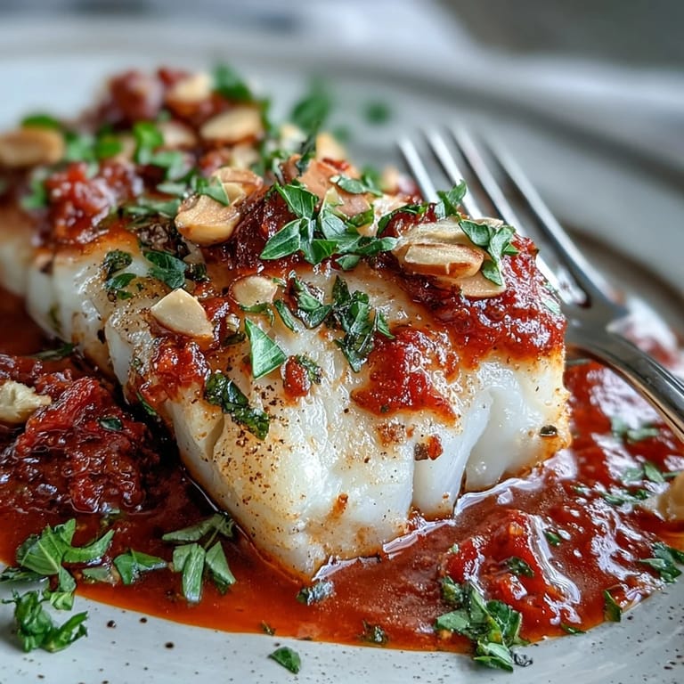 Golden roasted cod in a zesty tomato sauce, garnished with crunchy spiced almonds and fresh lemon wedges.