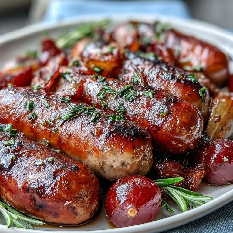 Italian-inspired Roasted Sausage and Grapes served hot over creamy polenta, garnished with fresh rosemary and juicy red grapes.