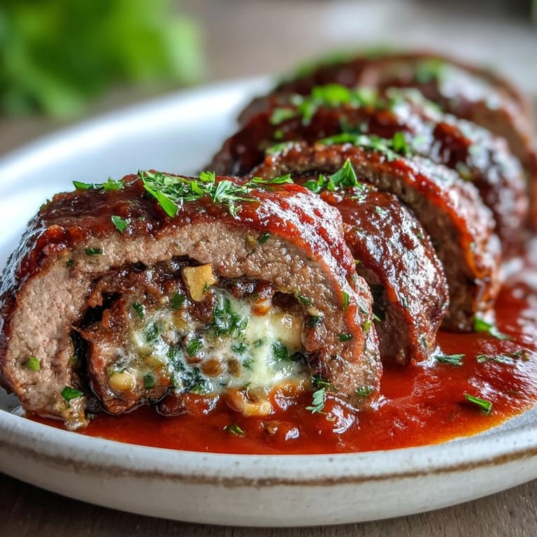 Golden brown beef rolls filled with pecorino, pine nuts, and raisins, smothered in a savory tomato sauce.