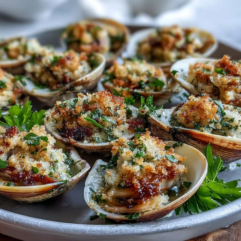 A close-up of roasted clams with lemon-parsley panko, perfect with a chilled white wine.  
