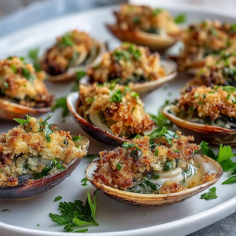 Lemony panko crusted roasted clams garnished with lemon wedges, an elegant appetizer for four.