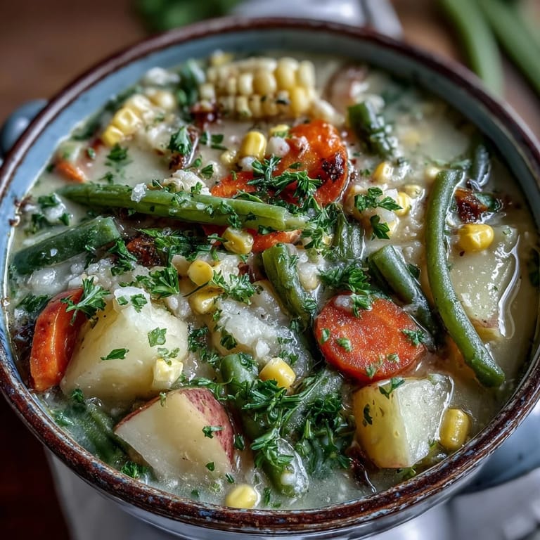 Hearty Amish Snow Day Soup features potatoes, carrots, and corn simmered in a velvety thyme broth.