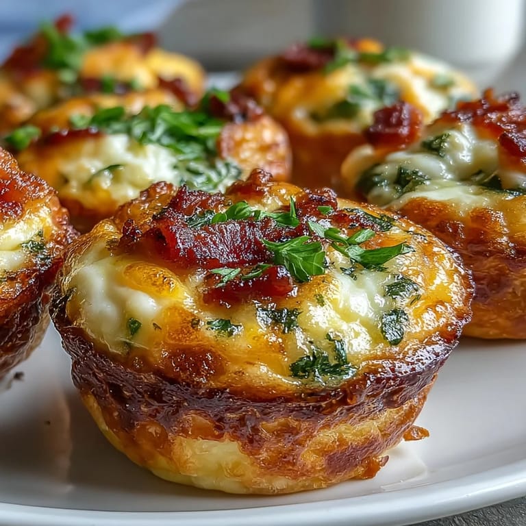 A close-up of golden Breakfast Egg Muffins with bell peppers and bacon, perfect for an easy meal prep.