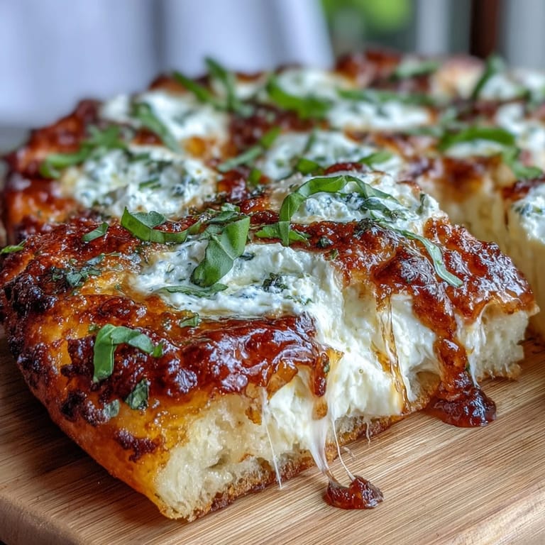Slices of Hot Honey Ricotta Pizza with drizzled spicy honey, ready to serve alongside a crisp green salad.