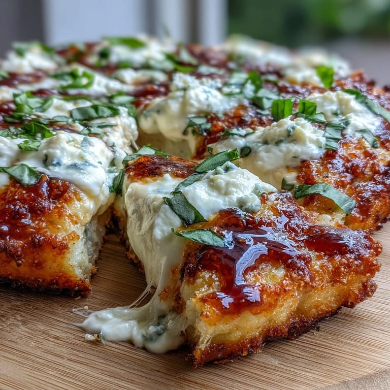 Fresh basil and a spicy honey glaze garnish this golden-baked Hot Honey Ricotta Pizza with melted cheese.