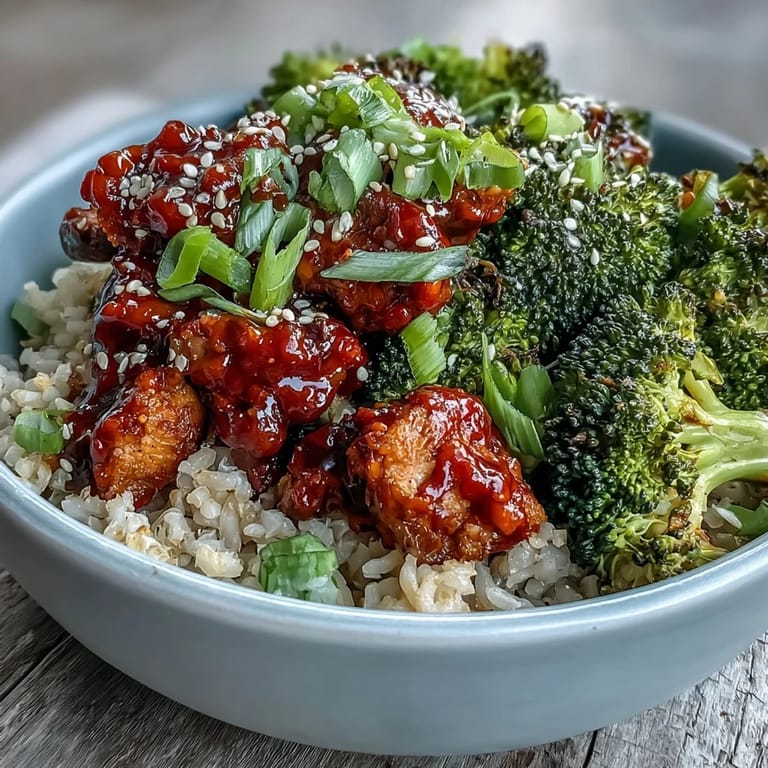 Steamed bright green broccoli florets and savory ground turkey mingle in a sticky honey-sriracha sauce, served over brown rice in a dinner bowl.