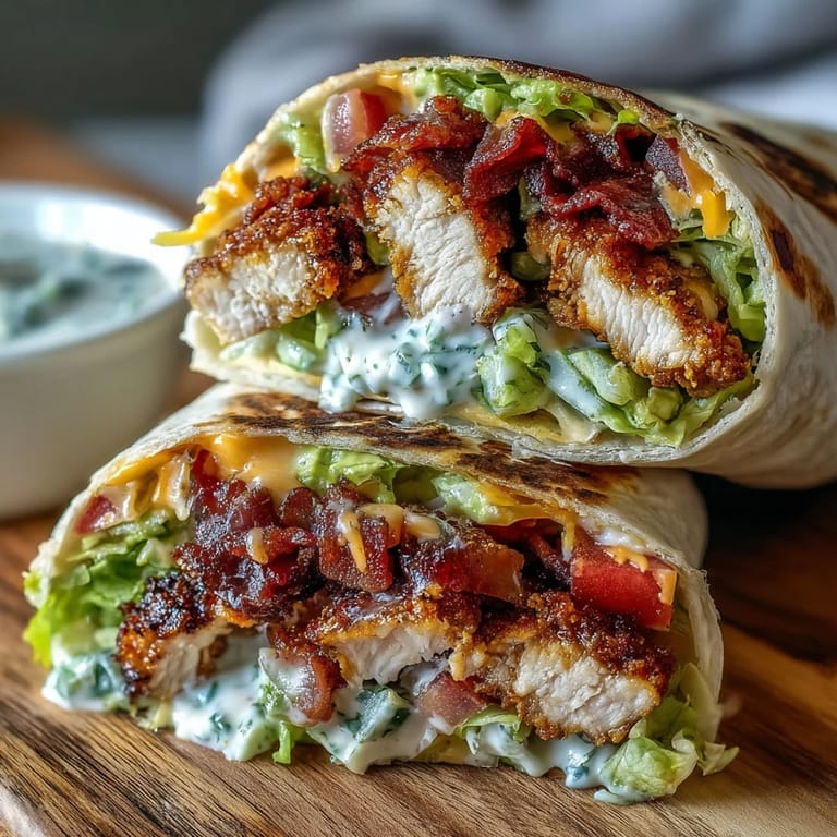 Toasted wrap sliced in half on a cutting board, revealing creamy avocado and tangy mayo sauce with diced tomato.