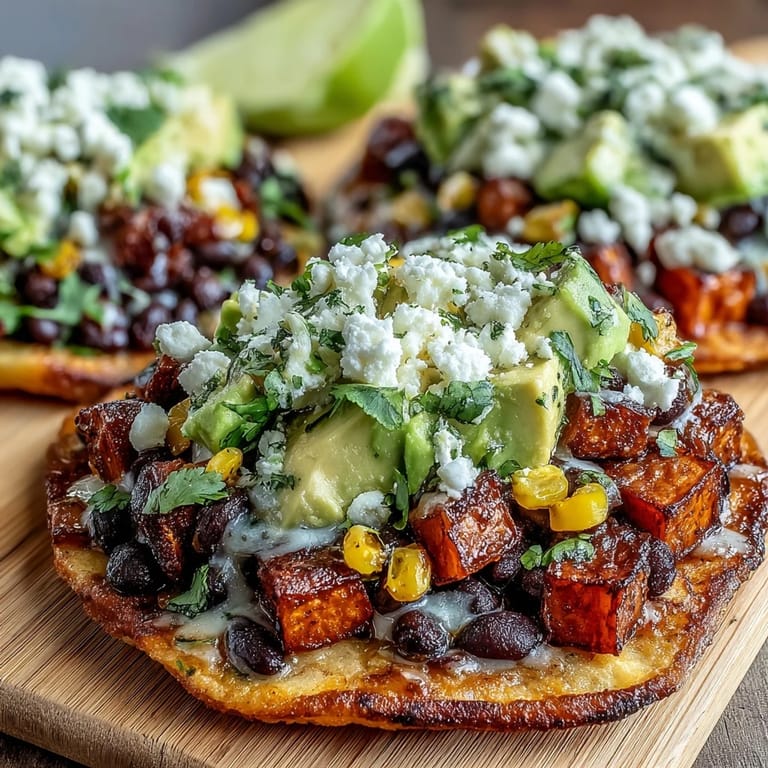Crisp tostada shells loaded with roasted sweet potato cubes and creamy avocado slices, topped with crumbled feta.