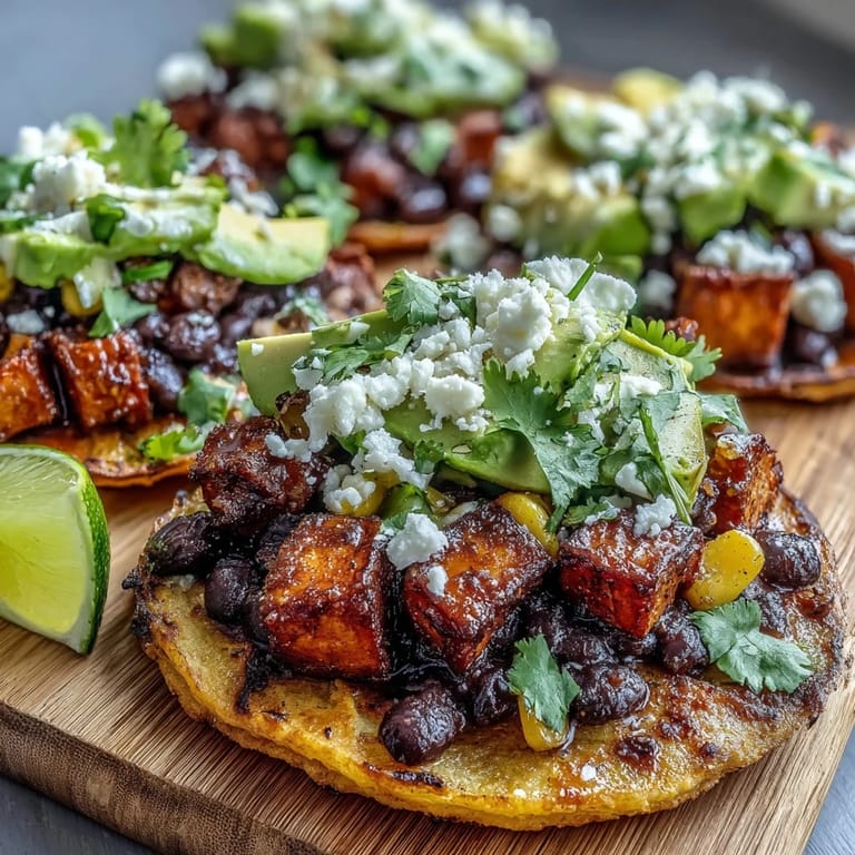 Assembled Black Bean and Sweet Potato Tostadas ready to serve, featuring a hearty scoop of black bean and corn mixture.