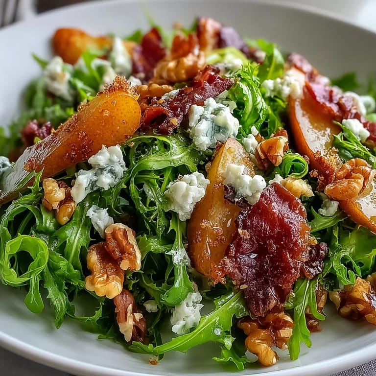 Serve this refreshing Frisée Pear Blue Cheese Bowl immediately, garnished with extra blue cheese and walnuts for a beautiful, gluten-free dinner side.