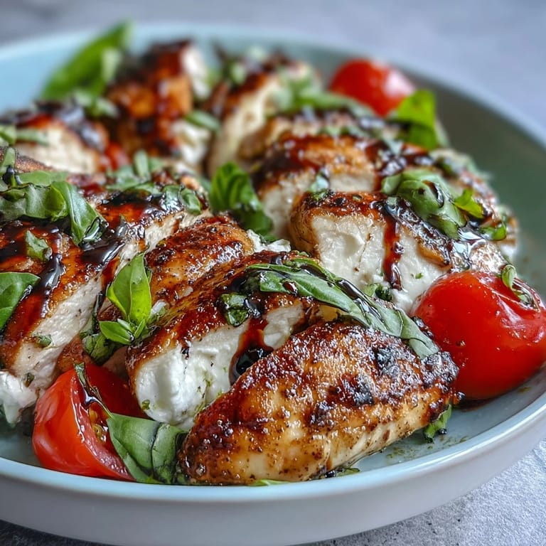 Golden-brown chicken cutlets rest on a bed of greens, topped with fresh mozzarella, basil, and a rich balsamic drizzle.