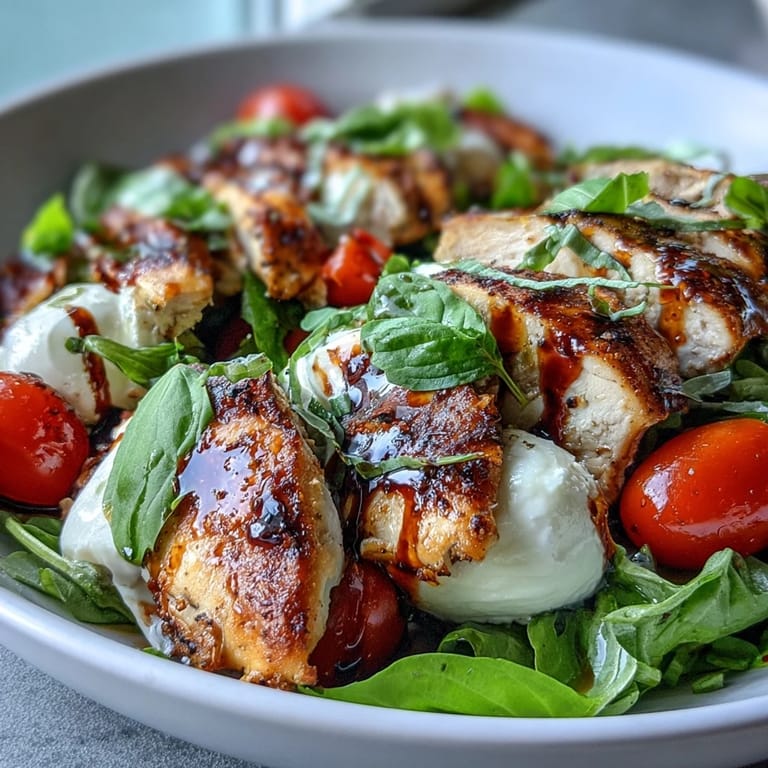 Savory Caprese Chicken Bowl with juicy grilled chicken, cherry tomatoes, mozzarella pearls, and aromatic basil, served with a tangy glaze.