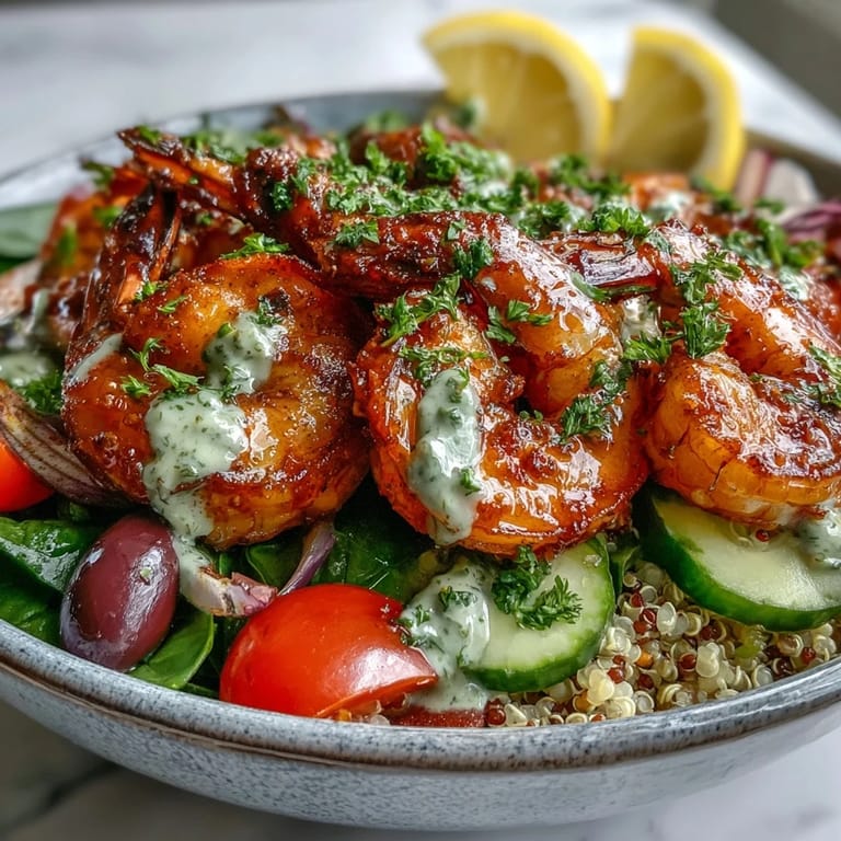 A close-up of a Mediterranean Shrimp Bowl featuring golden shrimp, spinach, and red onion, with tahini sauce and lemon wedges, perfect for an easy weeknight dinner.