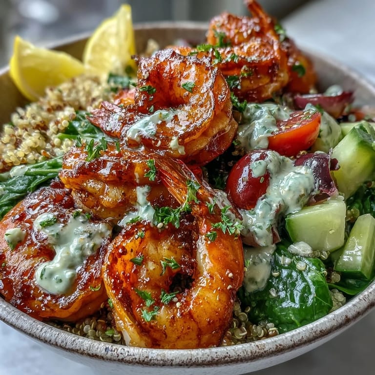 Colorful Mediterranean Shrimp Bowl topped with smoky shrimp, Kalamata olives, and fresh vegetables, served over grains with a drizzle of tangy tahini sauce.