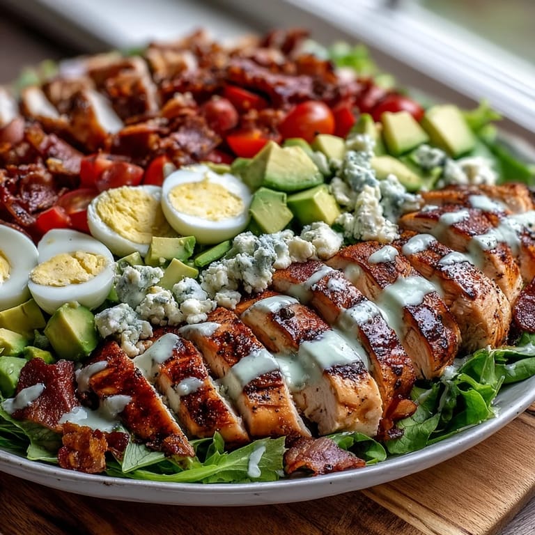 Served in a white bowl, the hearty Cobb Salad Bowl looks freshly made with ripe tomatoes and onions.