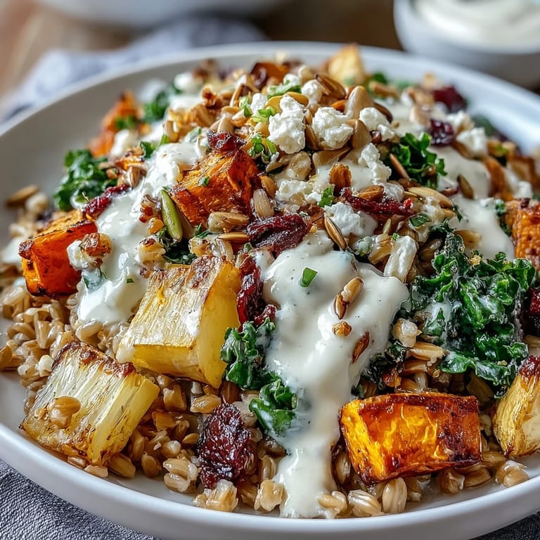 A comforting bowl of quinoa, wilted greens, and roasted vegetables drizzled with tangy lemon-tahini dressing—perfect for cold nights.