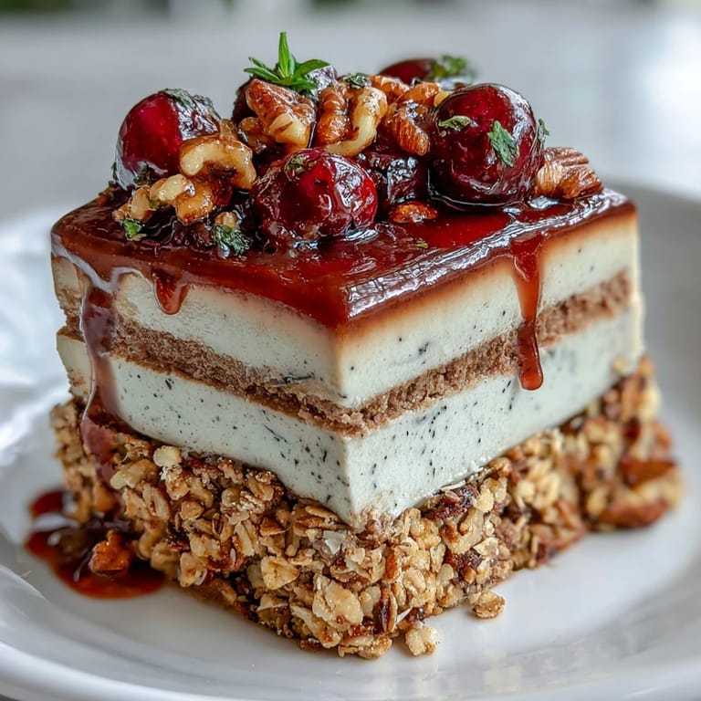 Close-up overhead view of Hojicha Panna Cotta Parfait, featuring smooth tea custard, juicy mixed berries, and a golden oat topping.
