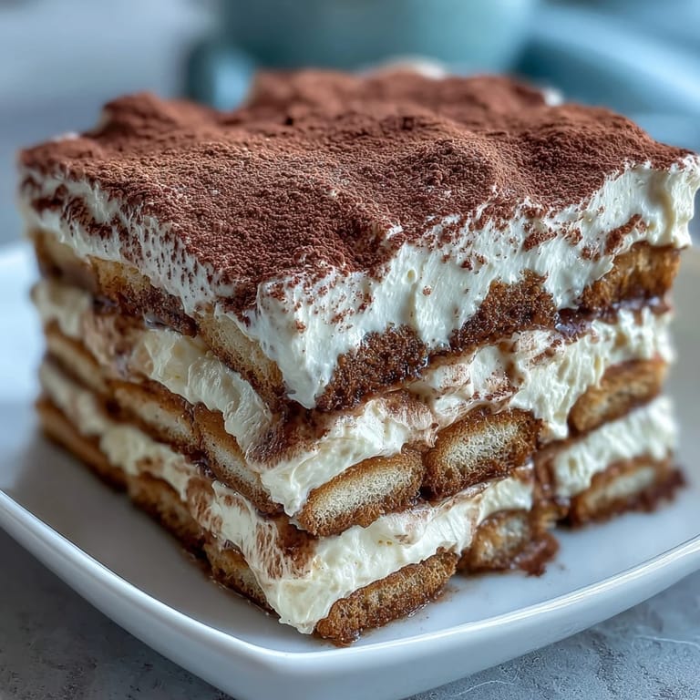 Elegant hojicha tiramisu topped with fine cocoa dusting, showcasing the fusion of Japanese tea and Italian dessert traditions.