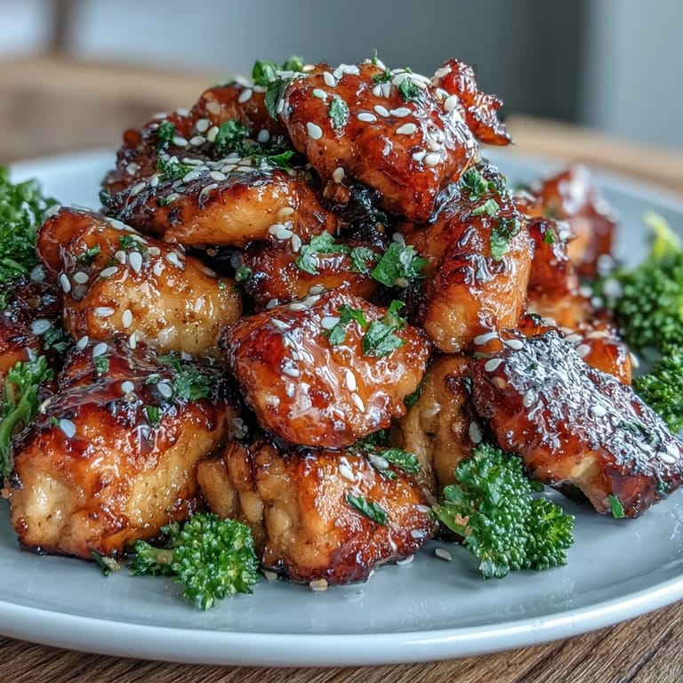 Golden-brown chicken bites tossed in sticky honey garlic glaze, paired with air-fried broccoli for a healthy, flavorful meal.  