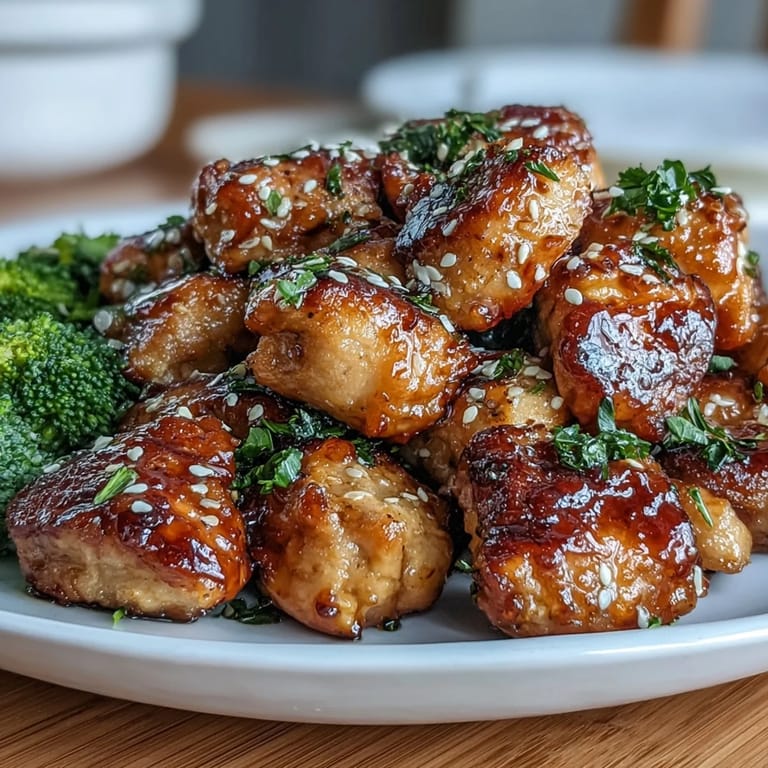 Juicy chicken pieces coated in a rich honey garlic sauce, served alongside crisp broccoli for a quick and delicious dinner.