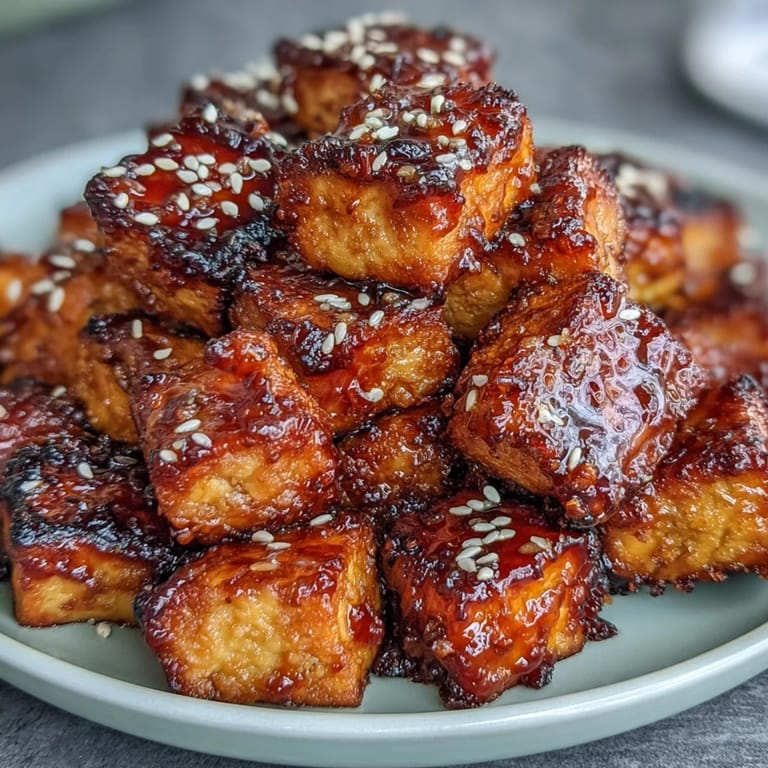 Air-fried tofu bites in a sticky sweet chili glaze, perfect for a vegetarian main or side dish.