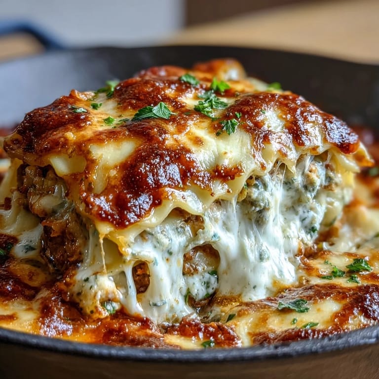 Hearty skillet fusion of ground turkey, shredded cabbage, and dumpling wrappers baked with ricotta, mozzarella, and Parmesan in rich tomato sauce.