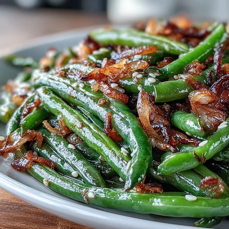 Tender green beans tossed in sesame garlic sauce and finished with crunchy fried onions for a flavorful vegetable side.