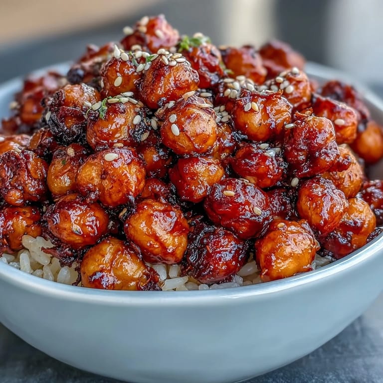 Crispy chickpeas in chili-garlic glaze served over fluffy jasmine rice for a bold vegan dinner.  