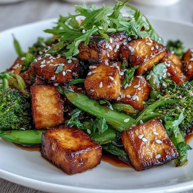Healthy teriyaki tofu and vegetable stir-fry with broccoli florets, snap peas, and red bell pepper, served hot over steamed rice.