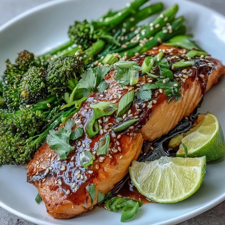 Asian-inspired dinner featuring honey soy glazed salmon fillets paired with crisp sesame broccoli, garnished with fresh spring onions and lime.