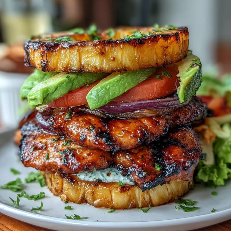 Flavorful grilled chicken and pineapple rings stacked with fresh avocado, tomato, and lettuce for a lighter burger twist.  
