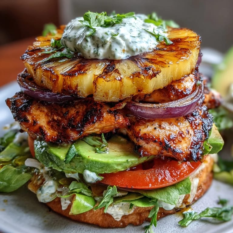Hearty grilled chicken and pineapple burger stacks topped with avocado, tomato, and herbs—bun optional for a fresh, gluten-free meal.