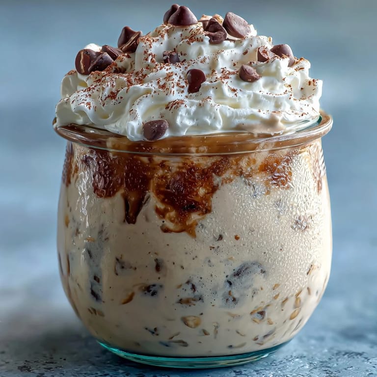 Vanilla-infused overnight oats with chia seeds and Greek yogurt, topped with whipped cream and a dusting of espresso powder.
