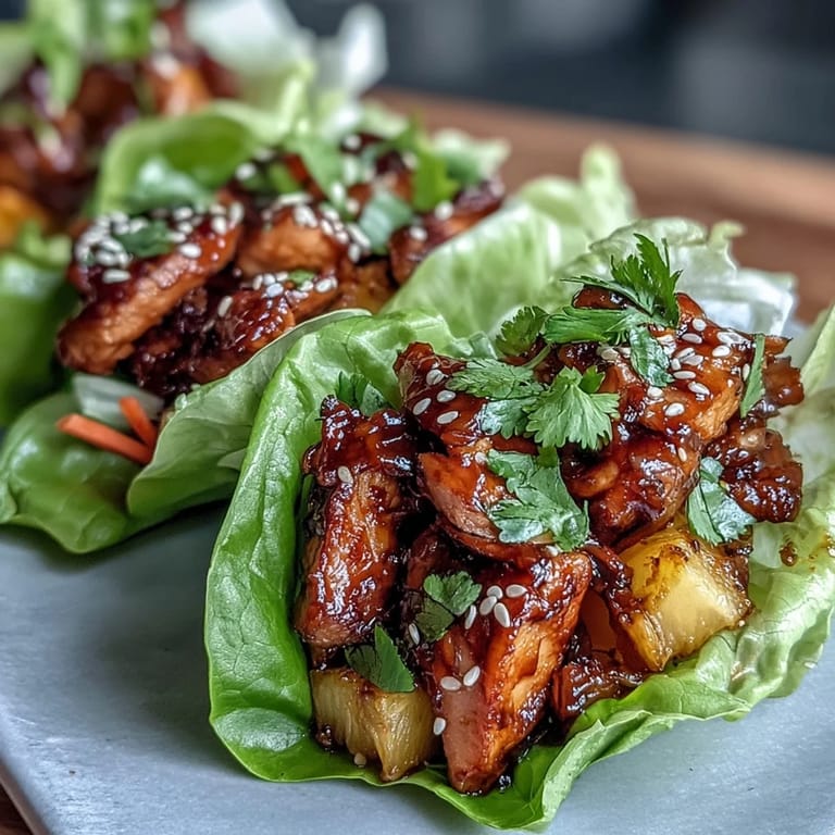 Savory teriyaki chicken and sweet pineapple served in crunchy lettuce cups with colorful vegetables and fresh herbs.  