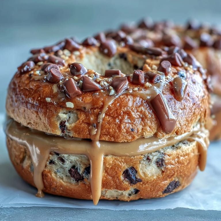 Chewy homemade bagels bursting with chocolate chips, drizzled with creamy peanut butter for a satisfying post-workout snack.  