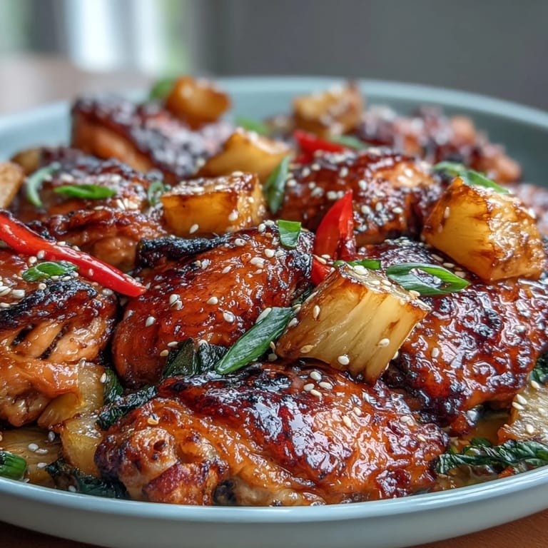 Sticky honey garlic chicken simmered with juicy pineapple and crisp bell peppers, garnished with green onions and sesame seeds.